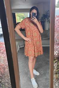 Tiered Babydoll Dress - Rust Mandala Floral