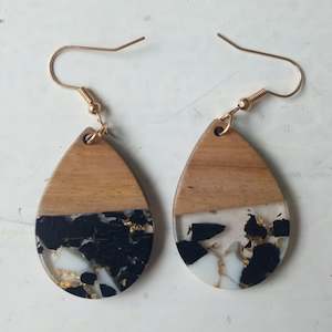 B/W Gold Flake - Teardrop Wood & Resin Earrings