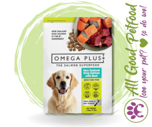 Store-based retail: Omega Plus King Salmon & Beef Dry Dog Food 2.4kg