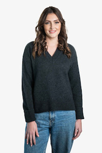 Vee Neck Possum Merino Ribbed Sleeve Jumper KORU