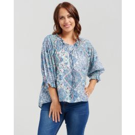 Seduce Linen Tile Print Blouse - New Zealand Nature