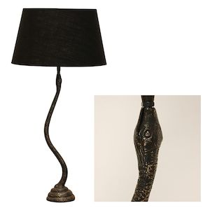 Furniture: Snake Table Lamp with Black Tapered Drum Shade