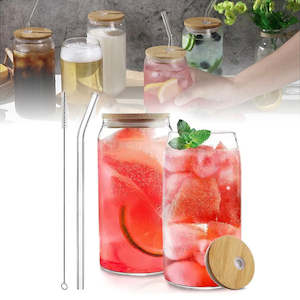 Drinking Glasses with Bamboo Lid & Straw Set