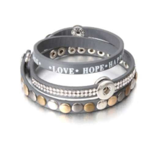 12 mm Multi-layer Grey Love Hope & Happiness Snap Bracelet