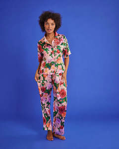 Clothing: KIP & CO - Rose Garden Satin - Short Sleeve Shirt/ Long Pant Pyjama Set