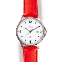 Watch: Olympic Titanium - White Dial with Red Leather