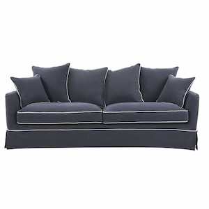 Noosa 3 Seat Hamptons Sofa Navy W/White Piping Linen Blend