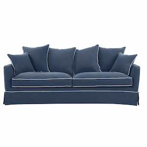 Noosa 3 Seat Hamptons Queen Sofa Bed Navy W/White Piping Linen Blend