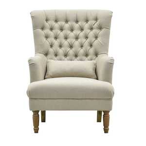 Bayside Natural Hamptons Button Tufted Winged Armchair W/Wooden Legs