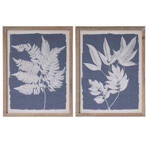 Set of 2 Fern Leaf Prints Blue/White Natural Frame