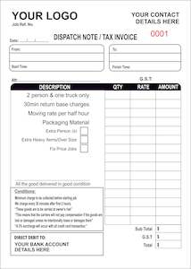 Furniture Moving Dispatch Invoice / Tax Invoice NCR Book