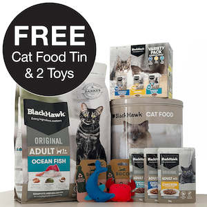 Black Hawk Cat Food Ocean Fish Combo + FREE TIN & Toys