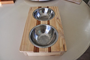 Large Dog Bowl Stand. Funky Design made from Kwila and Pine Woodnbits