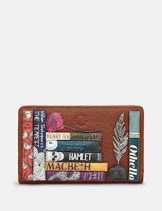 Clothing accessory: Yoshi Shakespeare Bookworm Appliqued Leather Ladies Small Zip Around Brown Purse/Wallet - Y1089 LBR WS 8