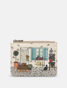 Yoshi Country Cottage With Cat Appliqued Leather Warm Grey Zip-Top Coin & Card P…