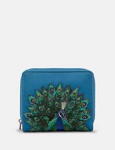 Yoshi Peacock Plume Appliqued Leather Petrol Blue Flap Over Zip Around Wallet - Y1261 PCK 48