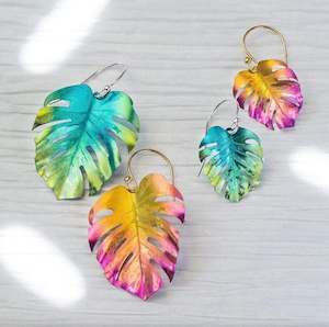 Holly Yashi Sunset Pink/ Orange Monstera Leaf Earrings Large