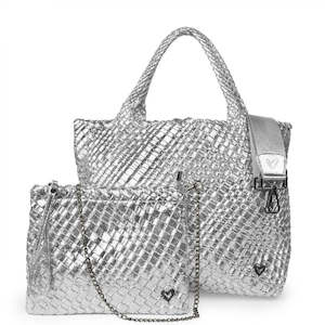 preneLove London Large Woven Neoprene Tote Bag with Wrist Clutch Silver Metallic