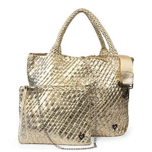 preneLove London Large Woven Neoprene Tote Bag with Wrist Clutch Gold Metallic