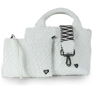 preneLove Brandon Mini Woven Neoprene Small Tote Bag with Wrist Clutch White