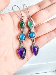 Serpentine, Labradorite, Amethyst earrings