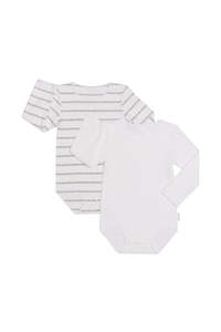 Bonds Rib Long Sleeve Bodysuit 2 Pack - White/White & Grey Stripe