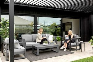 Furniture: Bask 4-piece Outdoor Lounge Set: 3-Seater, 2 x Single Chairs, Coffee Table (charcoal frame) - Outside Space