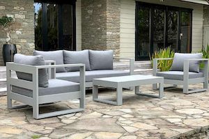 Bask 4-piece Outdoor Lounge Set: 3-Seater, 2 x Single Chairs, Coffee Table (grey…