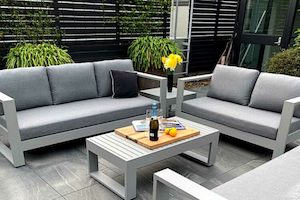 Bask Outdoor Lounge Set: 3-seater, 2-seater & coffee table (grey frame) - Outside Space