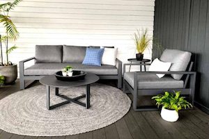 Unwind Range: 3-seater sofa, single chair,& Stella round coffee table ( charcoal…