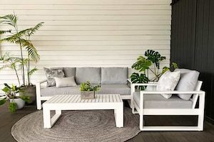 Unwind Outdoor suite: 3-seater sofa, single chair,& coffee table (white frame) -…