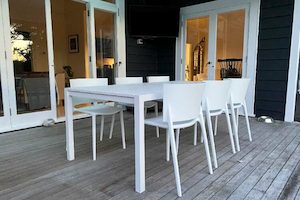 Furniture: Dinner at Ours Range: White 2M Outdoor Table, 6 Vondom Chairs (3 chair colours) - Outside Space