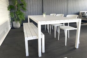 Dinner at Ours Range: White 2M Outdoor Table,1 Bench & 3 Amado Chairs (4 cha…