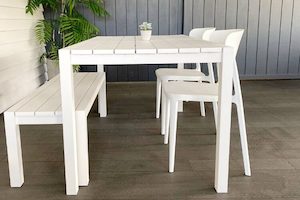 Furniture: Dinner at Ours Range: White 1.4 M Outdoor Table, Bench & 2 Amado Dining Chairs (4 chair colours) - Outside Space