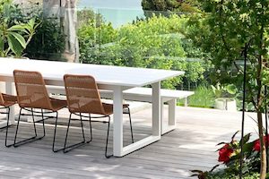 The Long Lunch Range: Outdoor Dining Table (White) 2.4M,Bench & 3 Rakino Cha…