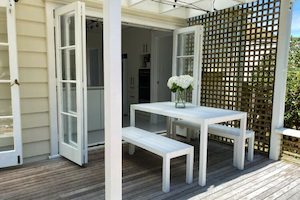 Furniture: DINNER AT OURS RANGE: 1.4M TABLE/2 BENCHES ( WHITE) - Outside Space