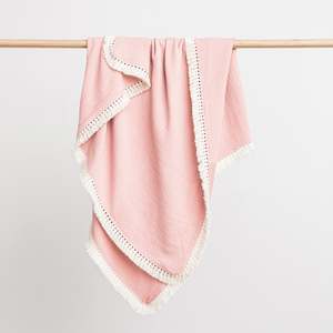 Organic Muslin Blanket with Boho Tassel Fringe Blush