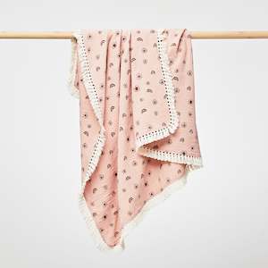 Toy wholesaling: Organic Muslin Blanket with Boho Tassel Fringe Sunny Blush/Plum