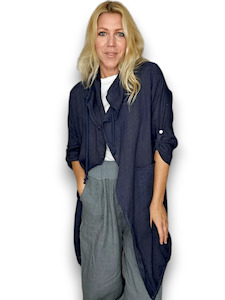 Helga May: Long Drawstring Linen Jacket - Navy