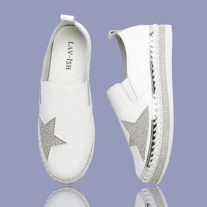 Clothing: White Gemstone Leather Star Slides