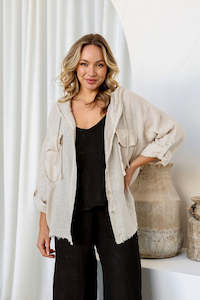 Clothing: Tasca 100% Linen Hooded Jacket in Sand