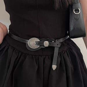 Slim Western Style Leather Belt - Black