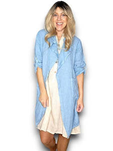 Helga May: Long Drawstring Linen Jacket - Sky Blue