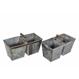 Double Iron Planter with Wooden Handle- Galvanized Iron