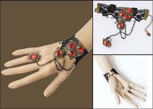 Vintage Black Gothic Steampunk Red Ruby Gemstone Lace Crochet Bracelet