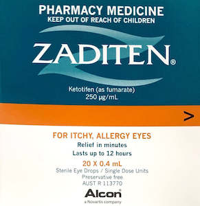 Zaditen Sterile Eye Drops For Itchy , Allergy Eyes 20x0.4ml