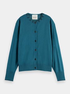 Jacquard Trim Crew Neck Cardigan | Dark Teal