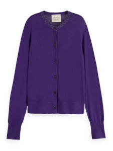 Jacquard Trim Crew Neck Cardi | Aubergine