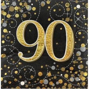 Partyware: Napkin Sparkle Fizz BLACK Gold AGE 90 16pk #636033