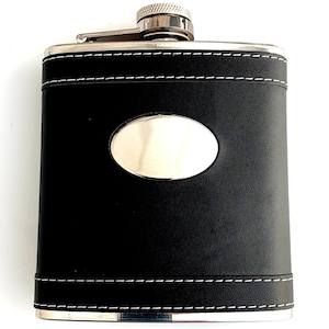 Black Leatherette Hipflask + Shot Glasses - Add Personalisation